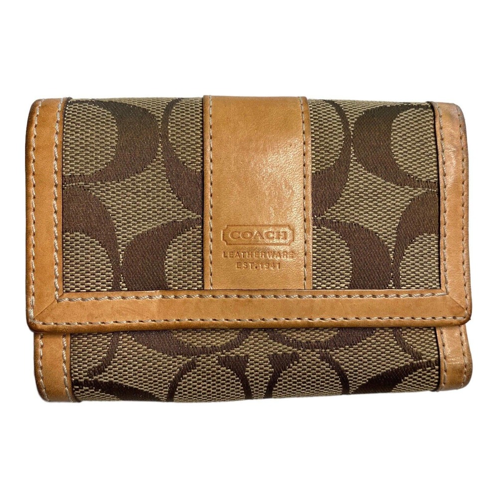 COACH Signature C Brown Trifold Wallet with Buckle Small